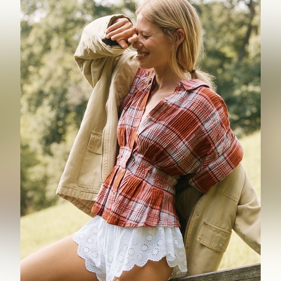 Pilcro Tops - ANTHROPOLOGIE-Pilcro The Bobbie Short-Sleeve Fitted Waist Plaid BlouseXXS Petite
